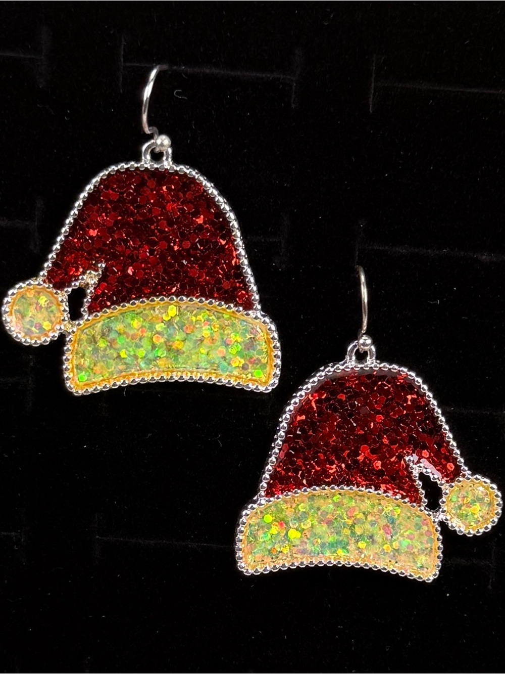 Festive Christmas Holiday Silvertone Santa Hat weighted Pierced Earrings